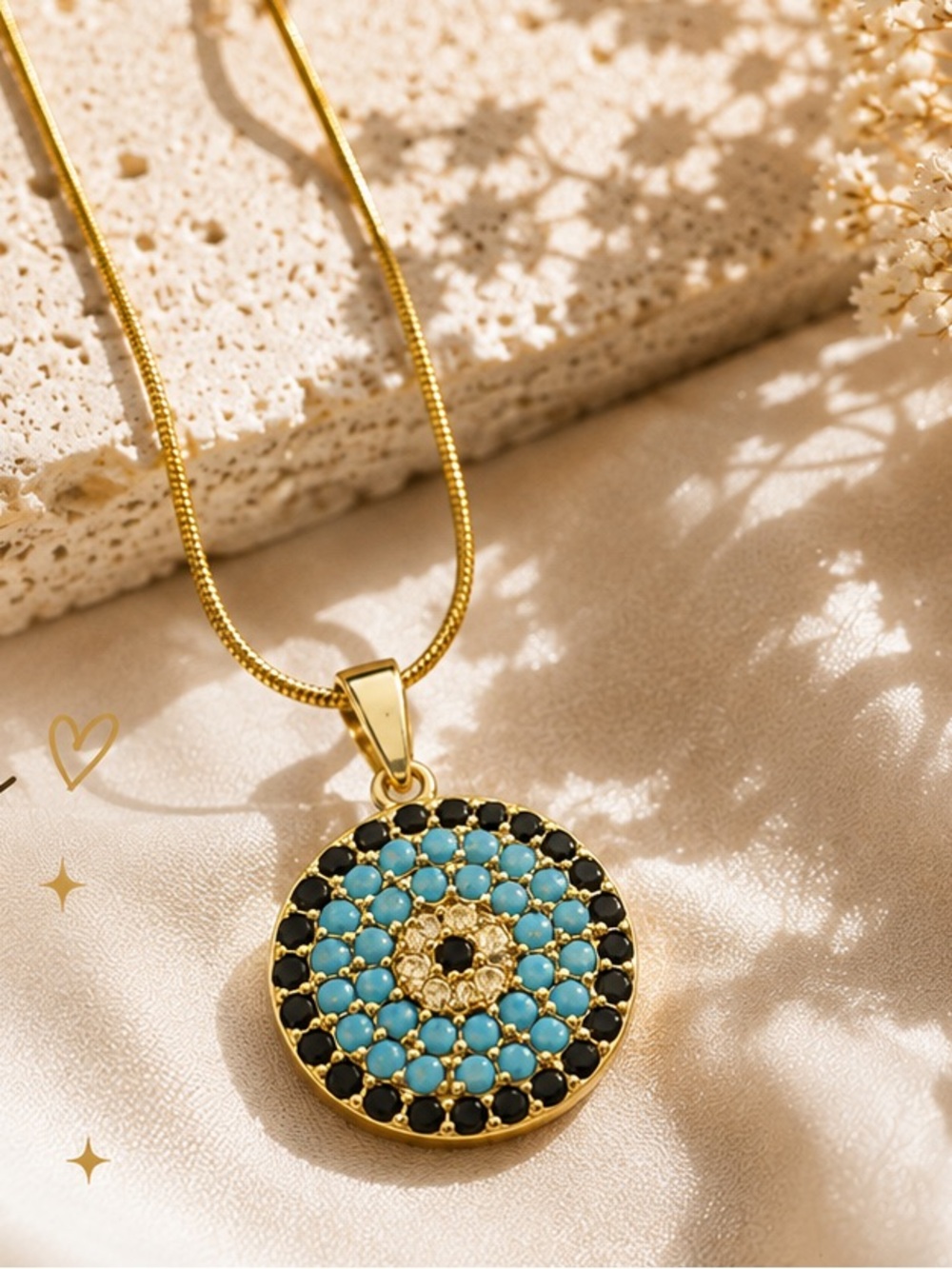 Gold Necklace with Turquoise and Black Pave Disc Pendant - Women Jewelry